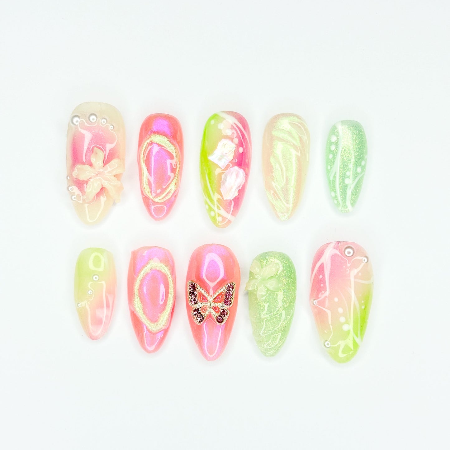 Set of colorful nail art designs on a white background